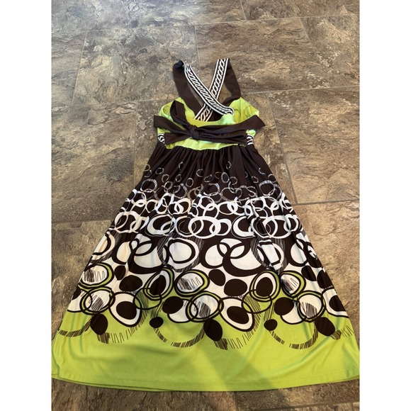 Y2k 2000s City Triangles Maxi Dress Size S Green Brown White Sleeveless Casual - Picture 3 of 4